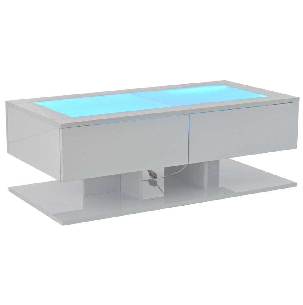 Tavolino da salotto 100x50x35 cm bianco lucido con 2 cassetti; piano in vetro temperato e LED