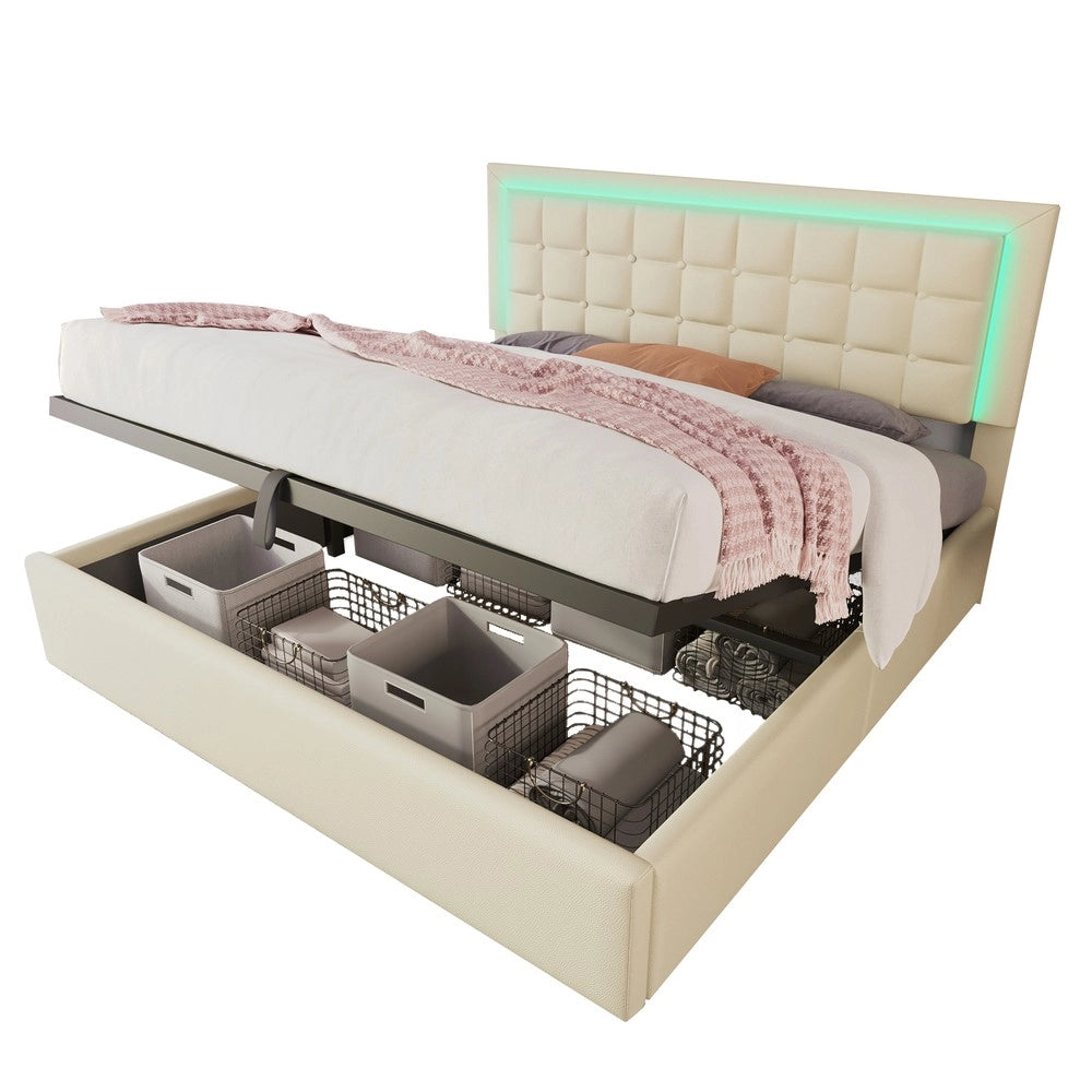 Letto Contenitore Imbottito con LED ¨C MINIMAL ¨C Similpelle Bianco 160x200 con Materasso