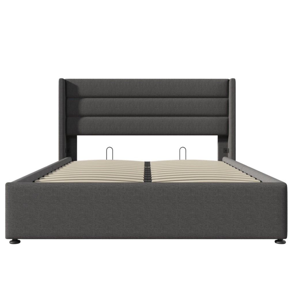 Letto matrimoniale imbottito con contenitore 140x200 cm in lino grigio; con rete sollevabile