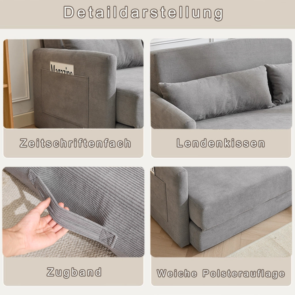 Divano letto 2 posti pieghevole 2 in 1 con tasche e due cuscini lombari salvaspazio in velluto a coste grigio