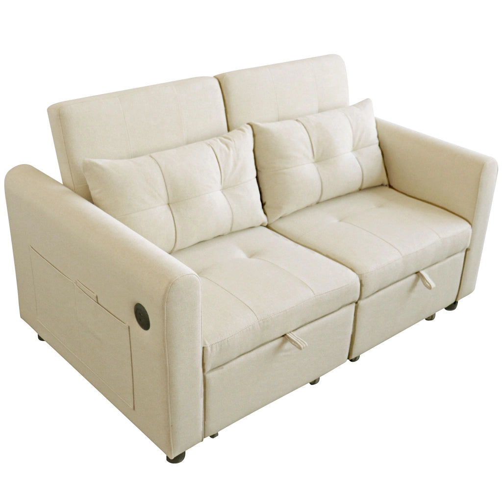 Divano letto 3 in 1 con schienale regolabile; USB e tasche laterali in cotone e lino beige
