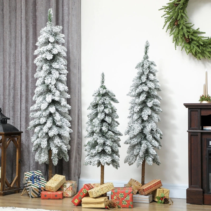 Set di 3 alberi di Natale artificiali innevati, 3 misure, con supporto in metallo, ignifughi, in plastica, verdi e bianchi.