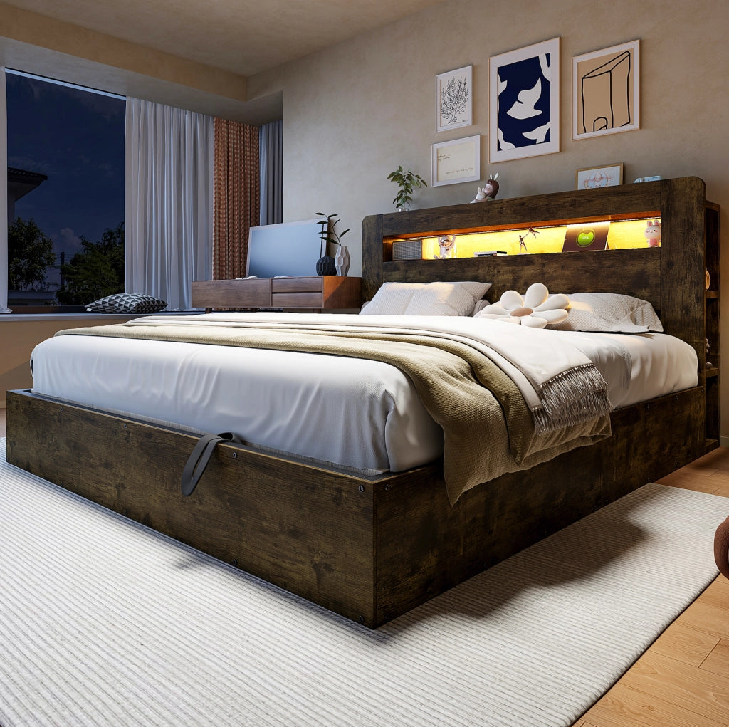 Letto contenitore 180x200 in legno con LED, prese integrate e testiera con vani
