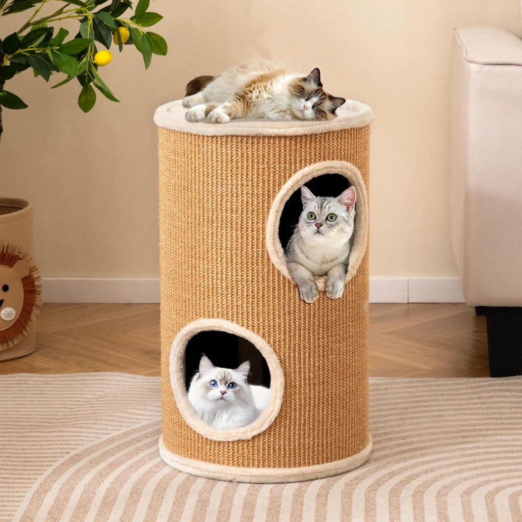 Cuccia per Gatti a 3 Piani, Cassetta Multilivello con Tappetino per Graffi in Sisal e Letto Morbido per Pisolini, Torre a Forma di Barile per Gattini, 36 x 36 x 60 cm