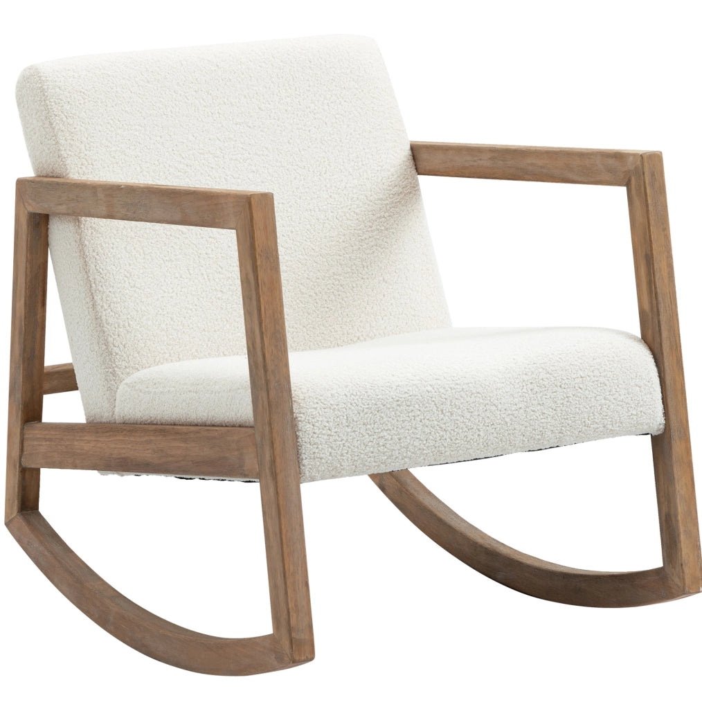 Poltrona a dondolo 60x81x71 cm con cuscino imbottito in legno di gomma e poliestere bianco crema