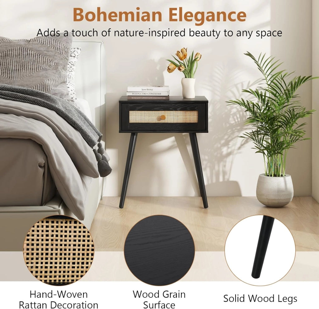 Comodino in legno con cassetto in rattan, 48 x 40 x 58 cm, comodino con gambe alte in legno massello, tavolino ausiliario per camera da letto, soggiorno, nero (Nero)