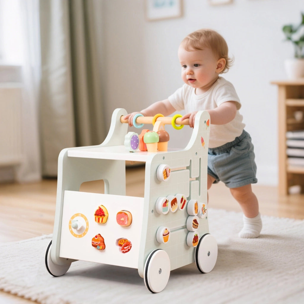 Carrello primi passi in legno con spazio di archiviazione, Carrello primi passi di dolci con gelati Verde chiaro-Primi passi