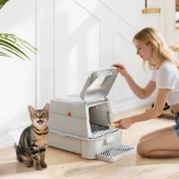 Lettiera per Gatti Chiusa da 80L con Vassoio Estraibile, in ABS e Acciaio Inox, 63x43x43 cm, Grigio Chiaro