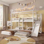 Letto a castello per bambini con scivolo, 3 posti letto e tetto bianco 90x200 cm