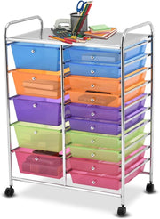 Carrello con 15 Cassetti Impilabili, Carrello di Stoccaggio con Ruote, Carello Portaoggetti per Casa e Ufficio, 62,5 x 37 x 87 cm (Multicolore)