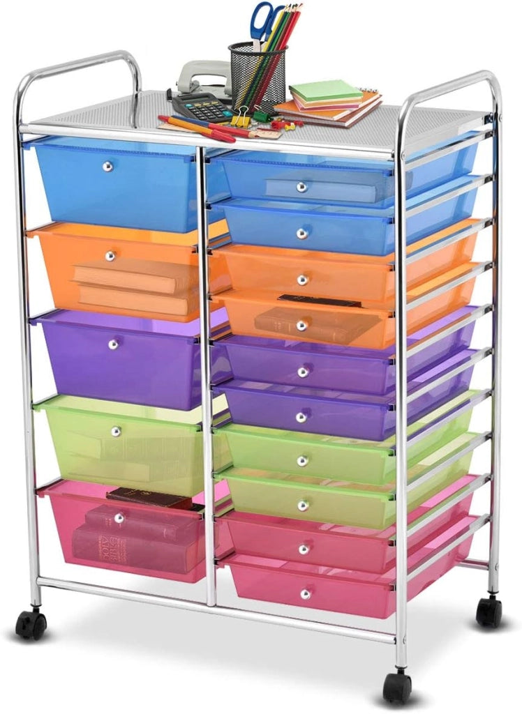 Carrello con 15 Cassetti Impilabili, Carrello di Stoccaggio con Ruote, Carello Portaoggetti per Casa e Ufficio, 62,5 x 37 x 87 cm (Multicolore)