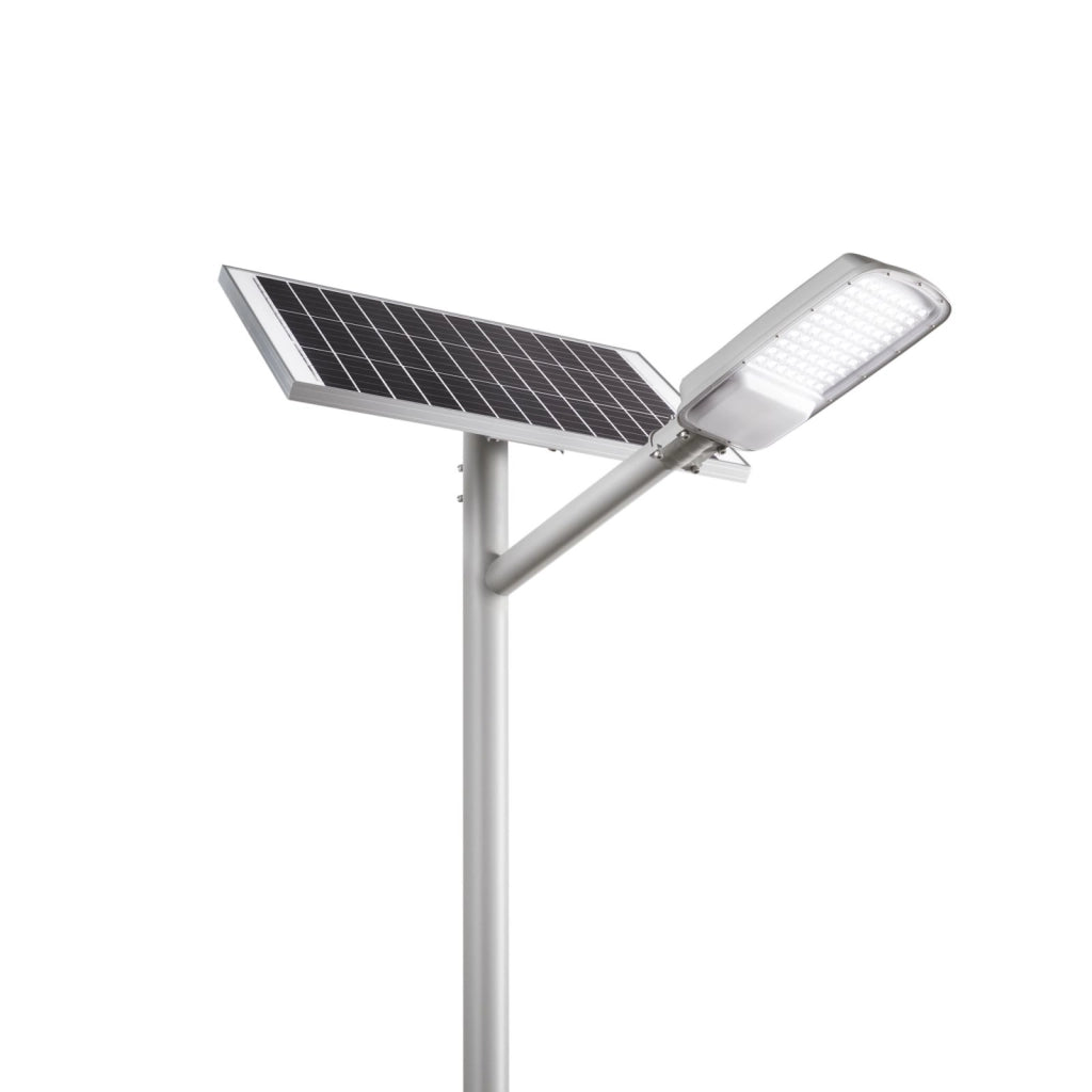 FARO SOLARE STRADALE LED RADIUS SILVER 48W 2100LM 4000K CON PANNELLO SOLARE IP65 48,6X8,7X20,7CM