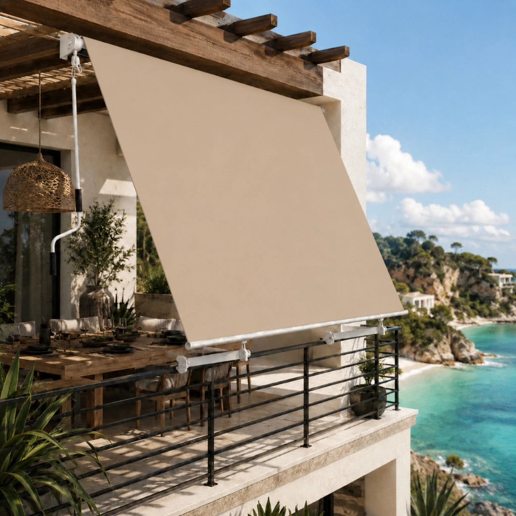 Tenda Parasole Avvolgibile Con Argano Manuale Telaio In Alluminio Copertura In Poliestere 280G Schermo UV Riparo Visivo Per Balcone Terrazzo Portico E Ambienti Esterni 250x250x50 Cm Beige
