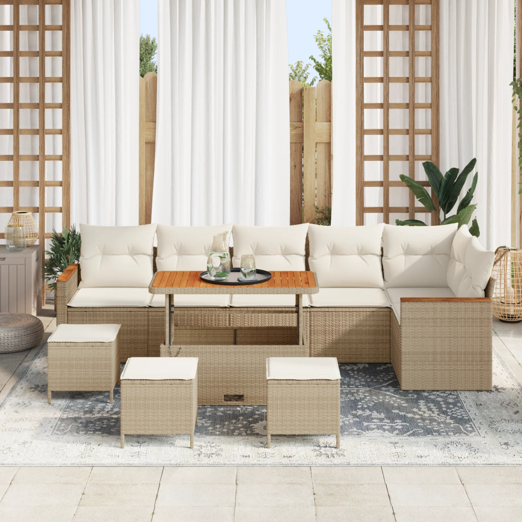 Set di divano da giardino composto da 10 pezzi con cuscini beige in rattan acacia