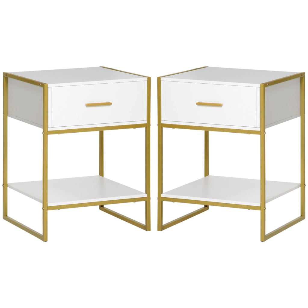 Set 2 Comodini Moderni con Cassetto e Ripiano Aperto 45x40x60 cm in MDF e Acciaio Bianco e Oro