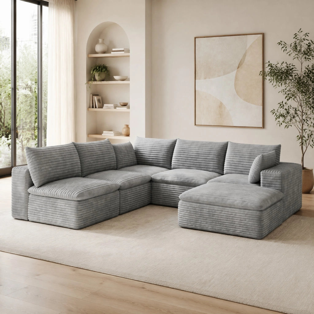 Divano modulare in tessuto grigio con imbottitura in schiuma e design componibile