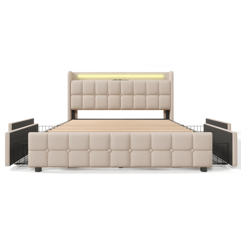 Letto Imbottito con LED e Cassetti ¨C MINIMAL ¨C Matrimoniale 180x200, Beige, Rete a Doghe