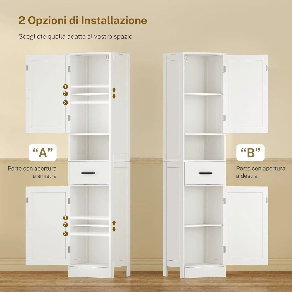 Mobiletto Bagno Salvaspazio con Ante Regolabili, Mobile Bagno Alto con 2 Ante e 1 Cassetto, Colonna Bagno con Ripiani Regolabili, Mobiletto compatto da terra, Bianco 40x30x170cm