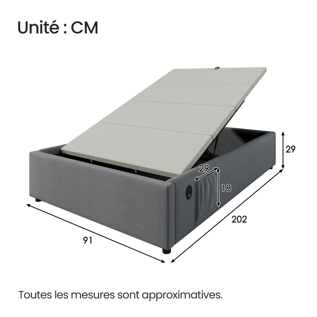 OKWISH Letto contenitore 90×200 cm, Letto Singolo con USB, Type C e Vano Contenitore, senza Materasso, in Lino Cotone, Grigio