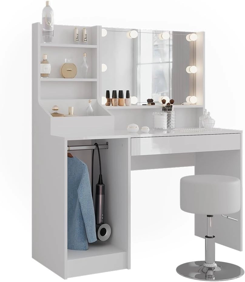 Tavolo da toeletta Sherry, Bianco/bianco lucido, 119.8 cm 5 parti, con illuminazione LED e sgabello per l’uso quotidiano