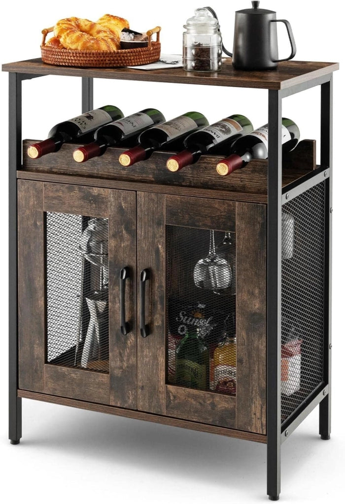Cantinetta Porta Bottiglie da Vino, Credenza Industriale con 5 Portabottiglie Rimovibili, con Porta in Metallo a Rete Metallica, 60x34x79cm (Marrone)
