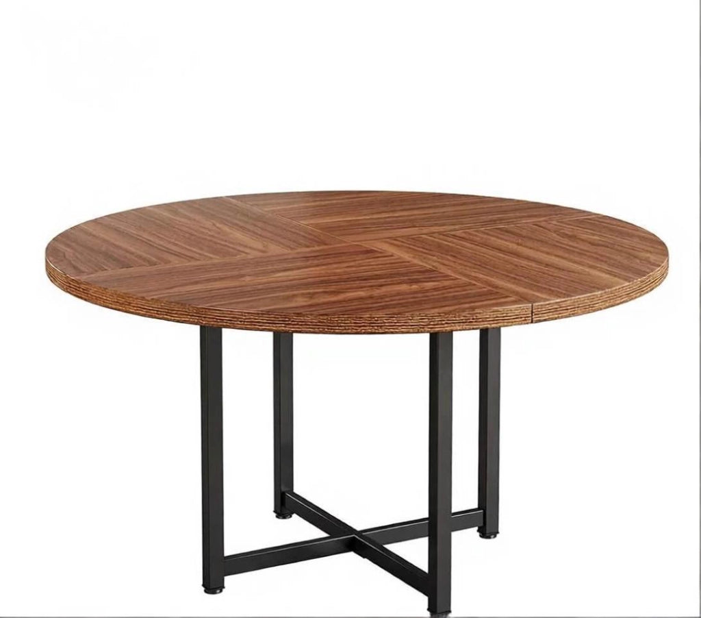 Tavolo da pranzo rotondo industriale 120 cm in metallo e legno; nero e marrone