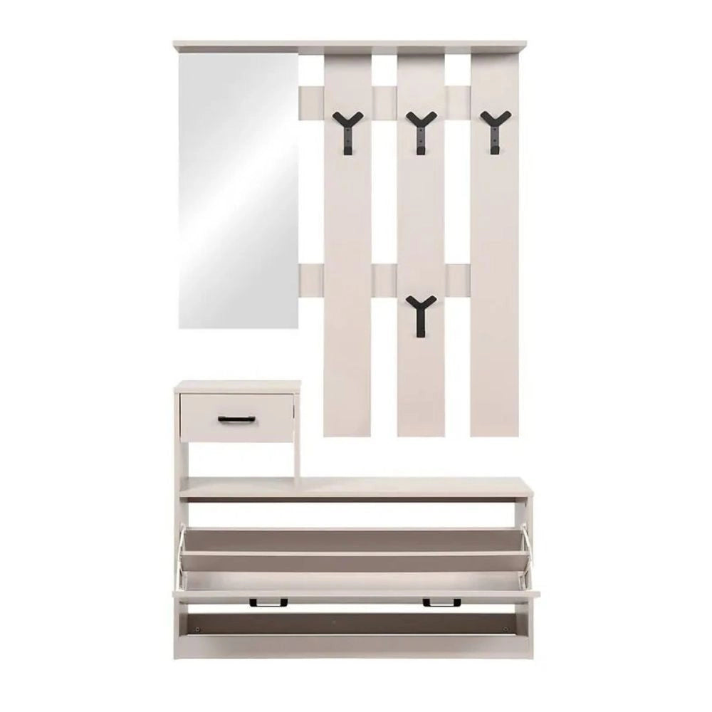 Mobile Ingresso Rudolf con Specchio, Appendiabiti, Cassetto e Scarpiera Beige