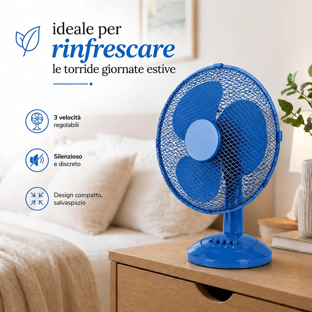Ventilatore da Tavolo Autoportante Blu Potenza 45W Diametro 40cm 3 Velocità