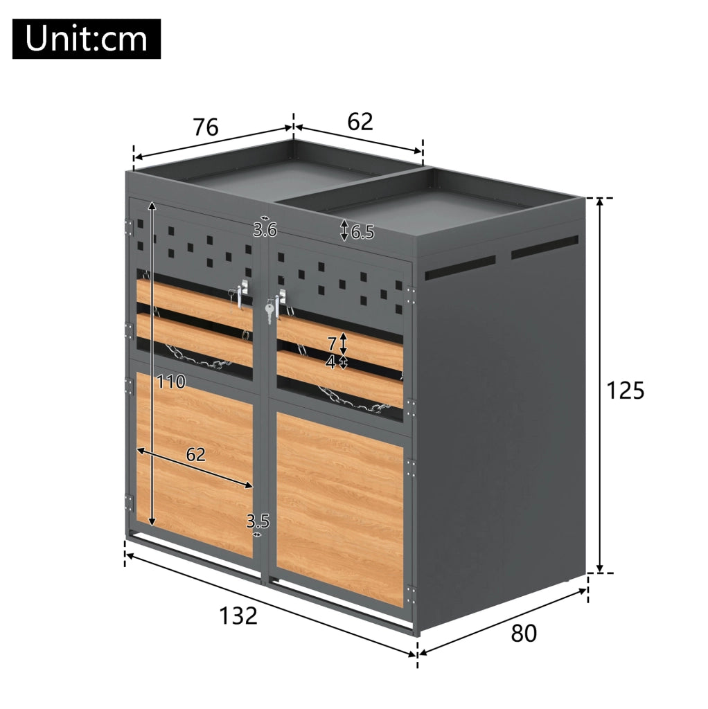 Box per bidoni rifiuti per 2 bidoni da 120-240 litri con tetto fioriera in metallo grigio naturale