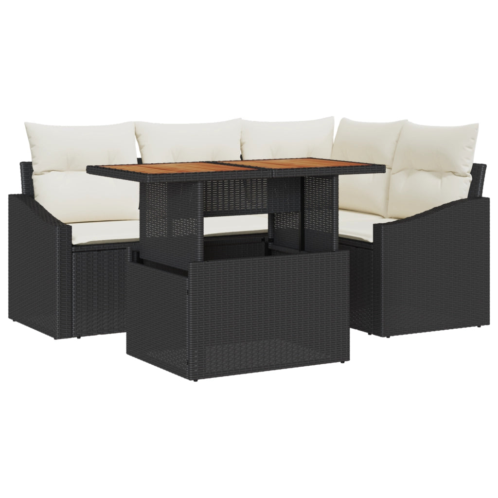 Set Divano da Giardino 5 Pezzi con Cuscini Nero Polyrattan