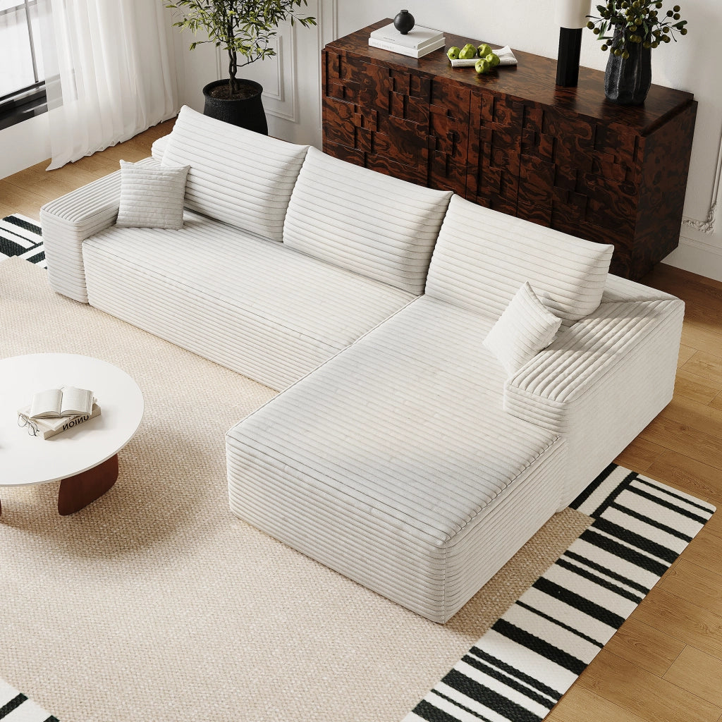 Divano angolare modulare con chaise longue in velluto a coste rigato e schiuma elastica facile da montare bianco