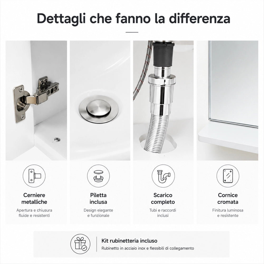 Mobile da Bagno Sospeso Completo Bianco Larghezza 55 cm Specchio e Rubinetteria