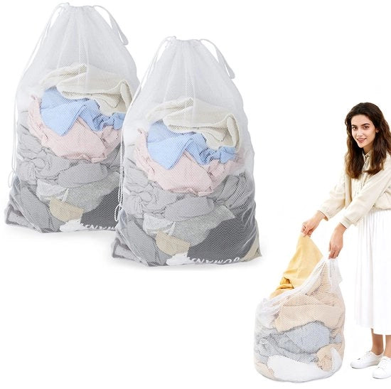 Due sacchi di rete con corda e maniglie - 60x90cm sacchi di rete - Borse per la durata della vita per capi delicati - Sacchi di rete robusti - Adatti per lavatrici, viaggi, abbigliamento, conservazione giocattoli