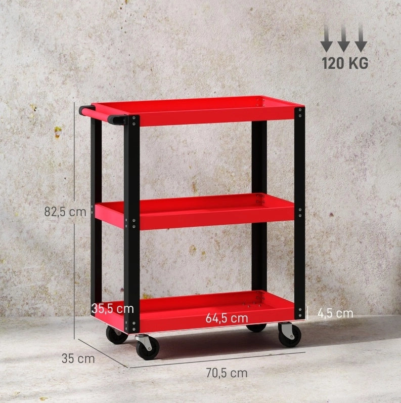 Carrello portautensili a 3 ripiani in metallo rosso