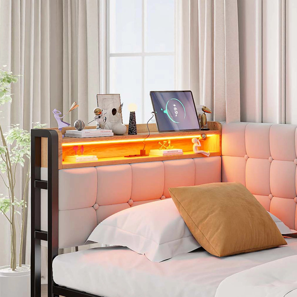 DESMIU Divano letto 90 × 200 cm 1 posto con 2 cassetti, LED, USB e Type-C, senza materasso, in tessuto beige