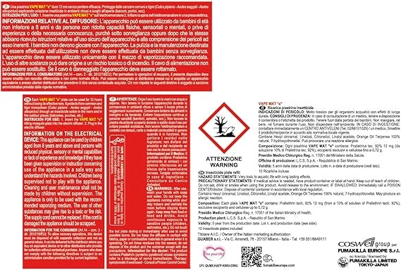 ANTIZANZARE ELETTRICO AD EMANAZIONE 'PIASTRINE' con 10 piastrine da 12 ore ciascuna  - VAPE