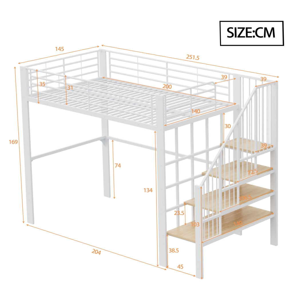 OKWISH Letto a Soppalco 140×200 cm, Letto Matrimoniale con Scala, Ampio Spazio Contenitore, senza Materasso, in Metallo e Legno, Bianco