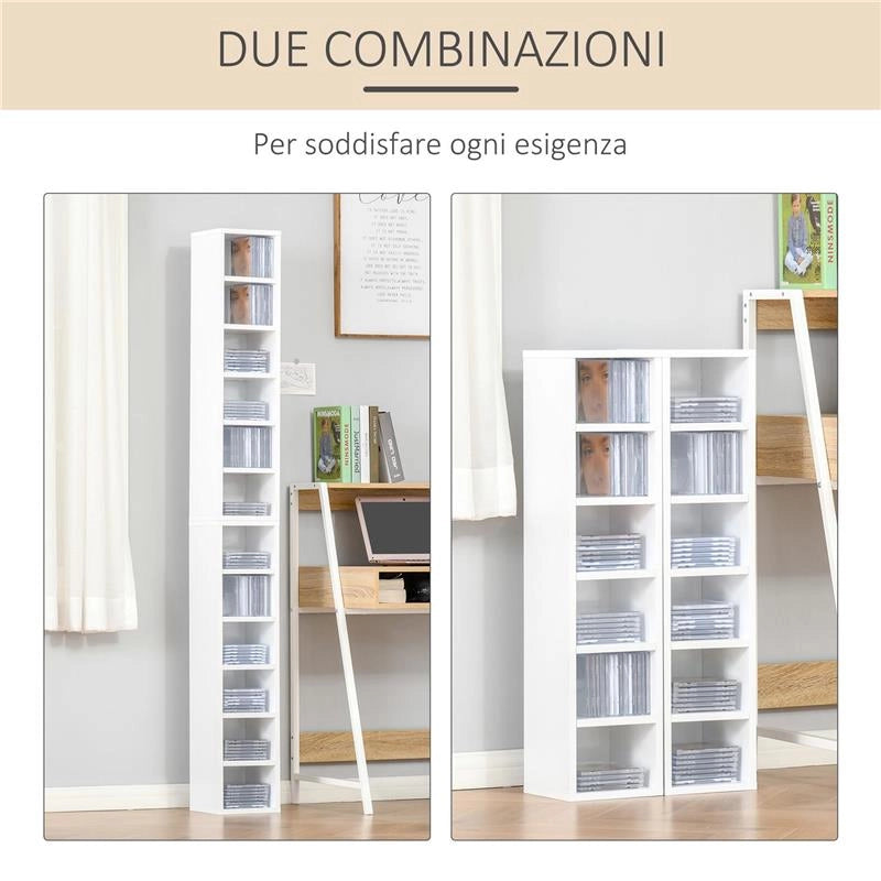LIBRERIA SCAFFALE PORTA CD SET 2 PEZZI A 12 RIPIANI IN LEGNO 21X19.2X88.3 CM BIANCO