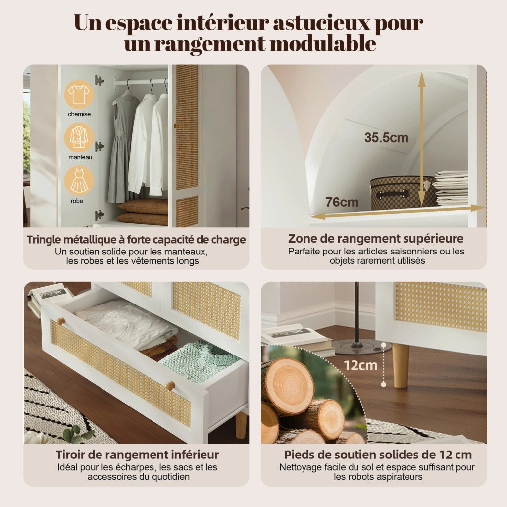 Armadio con asta e cassetto; design ad arco in rattan; per camera e ingresso; in MDF bianco; 80 × 50 × 180 cm