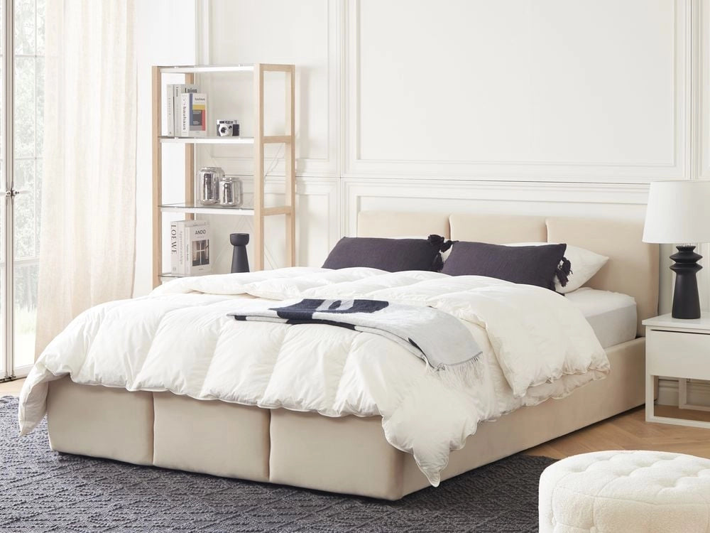 Letto Ottomano Beige Chiaro Velluto Tappezzato 140 x 200 cm Testiera Travestita Funzione Contenitore