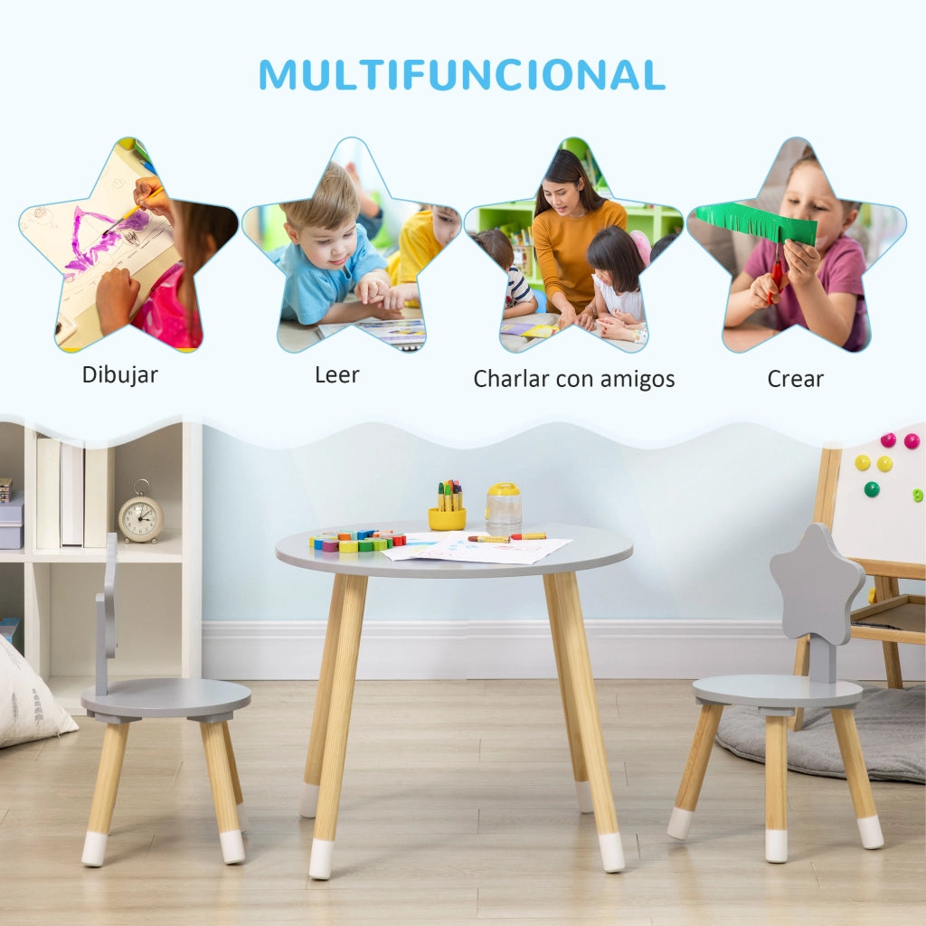 Tavolo da pranzo rotondo per bambini con 2 sedie ¨C zephmum ¨C grigio ?59x50 cm