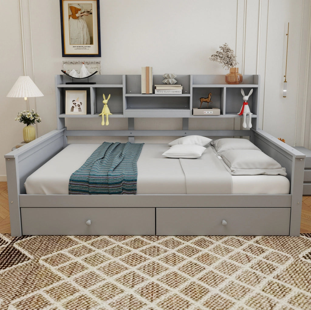 Letto singolo 90x200 cm con cassetti e vani laterali grigio