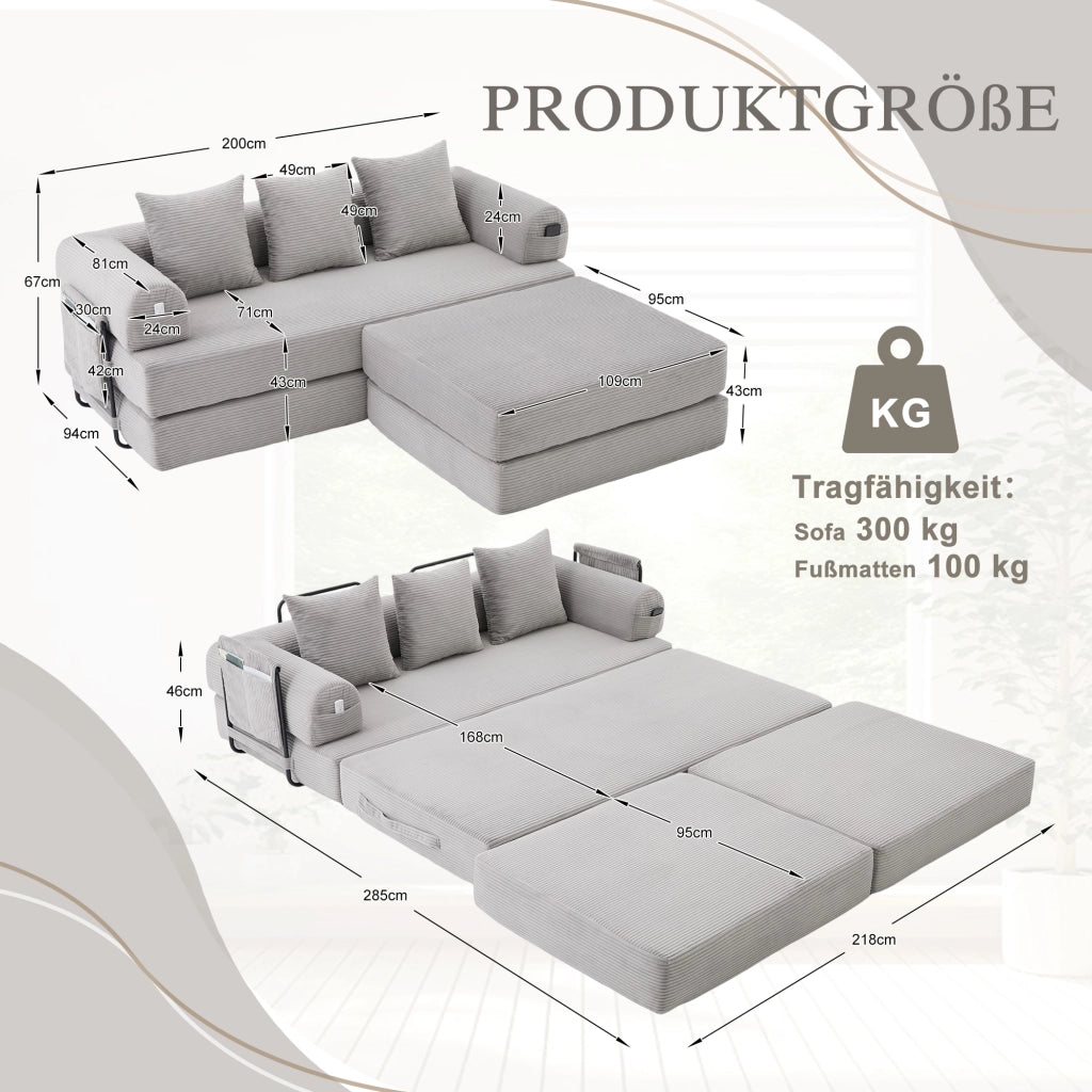 SOFA MODULARE in corduroy 200x190x67 cm Grigio Chiaro con 3 cuscini e poggiapiedi