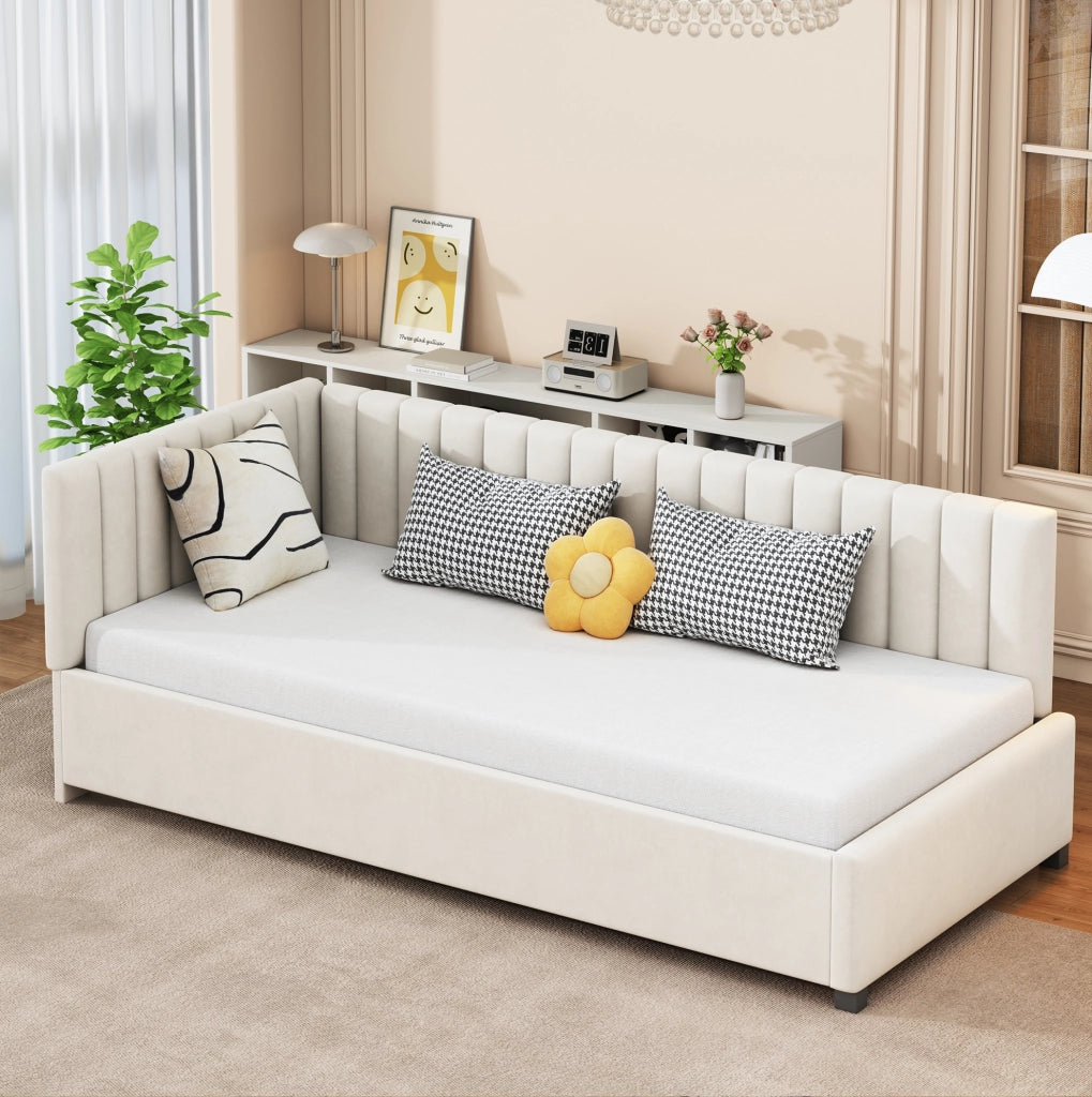 Letto singolo imbottito 90x200 cm in velluto beige con rete