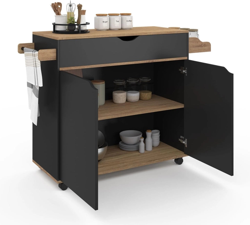 COSY XXL L.90 CM Aparador de cocina con cajón negro y estantes estilo haya