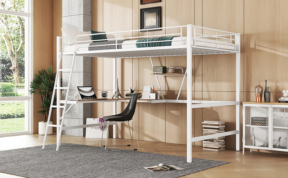 DESMIU Letto a soppalco 1 posto con scrivania a L e scaffale, 90 × 200 cm, senza materasso, metallo bianco