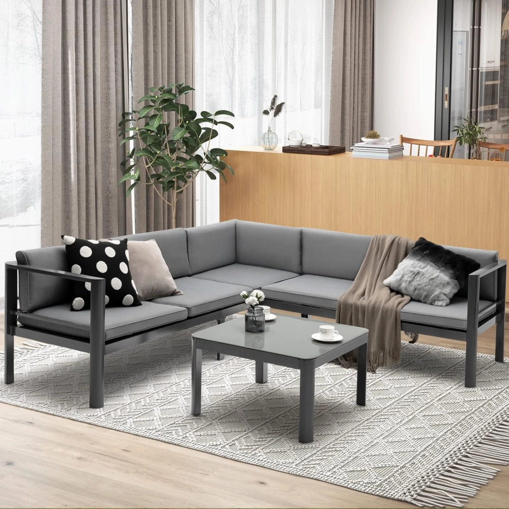 Salotto da Giardino Esterno in Rattan, Set 1 Tavolino con Piano in Vetro Temperato, 2 Poltrone e 1 Divano per 2 Posti con Cuscino, Mobili da Giardino per 4 Persone