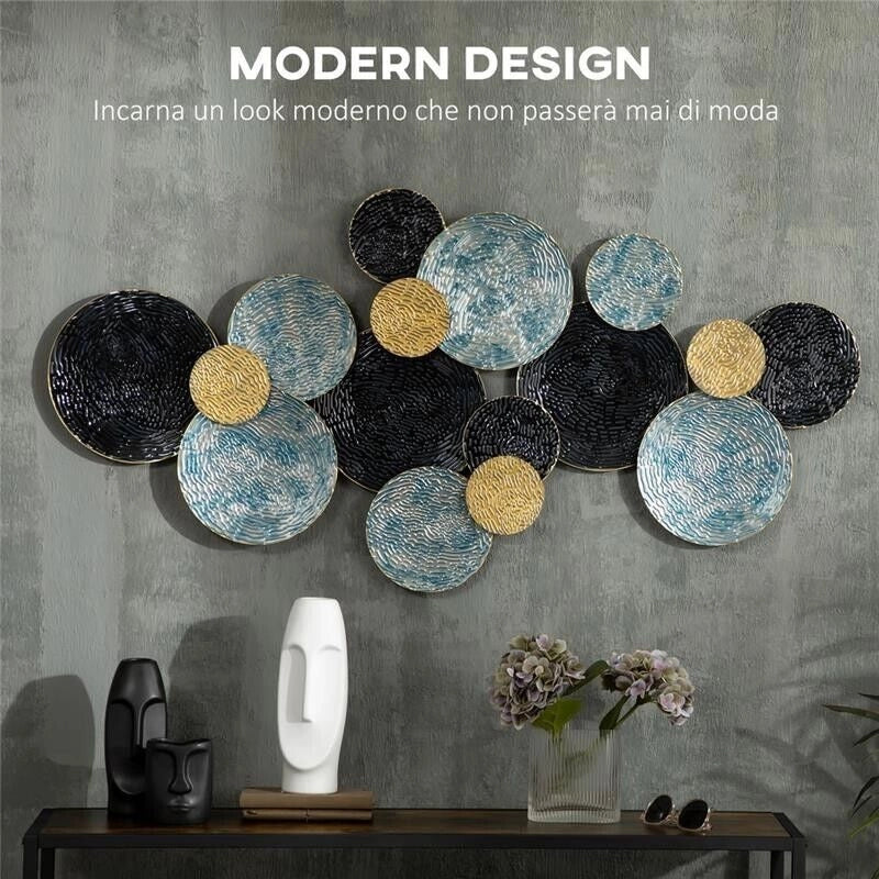 DECORAZIONE MURALE IN METALLO 3D WALL ART A CERCHI 133X66CM BLU NERO E ORO