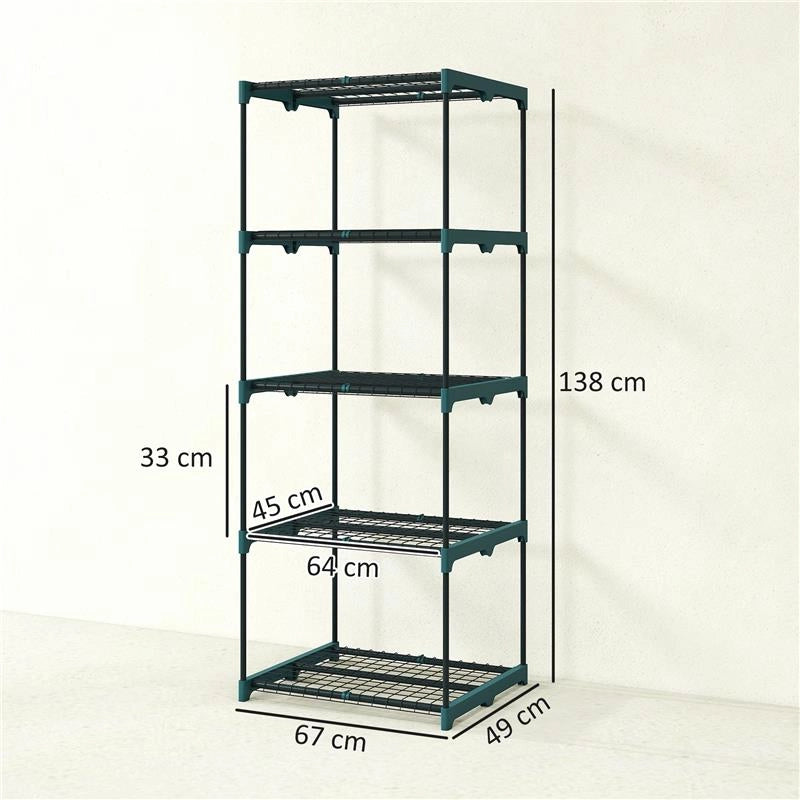 PORTAPIANTE A 5 LIVELLI APERTI IN ACCIAIO E PLASTICA, 67X49X138 CM, VERDE SCURO