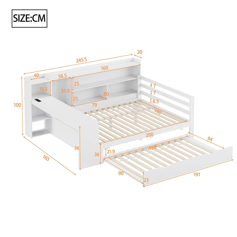 Divano letto-Xylo-140x200 cm-scrivania, scaffali, prese, legno bianco